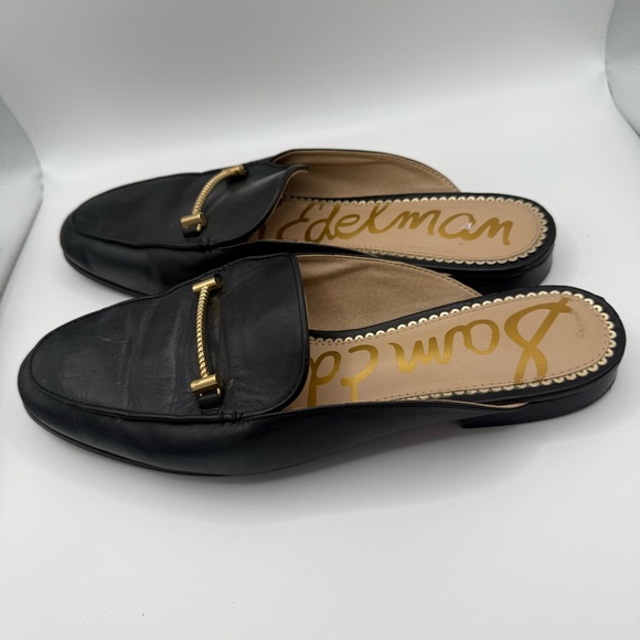 Sam Edelman Black Leather Mule Loafers Gold Bar Detail Size 9M - Picture 4 of 6